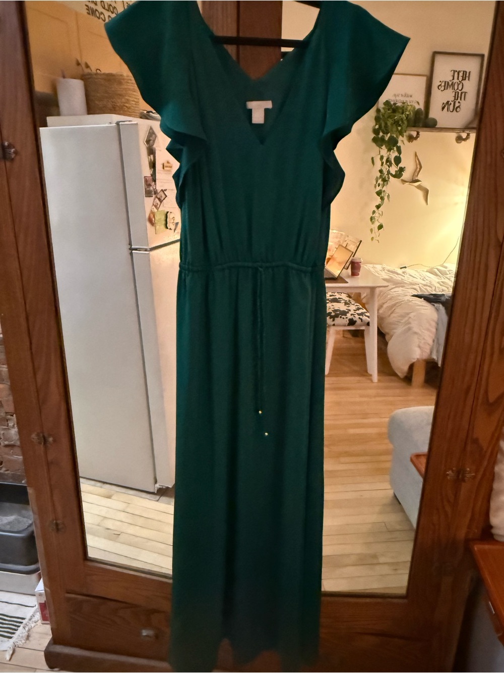 H&M Deep Green V-Neck Maxi Dress with Ruffle Sleeves